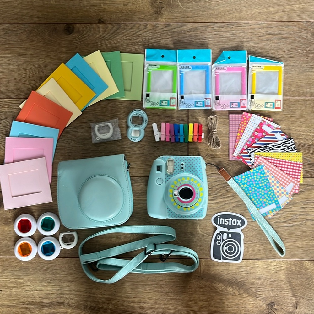 INSTAX CAMERA 🩵💛💚 Set Bundle of Bag, Lenses, Frames, Clips, Stickers and More